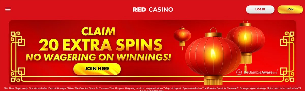 Red Casino promotional banner in a red-and-gold Chinese lantern theme advertising “Claim 20 Extra Spins” and “No wagering on winnings,” with a yellow “Join here” button, login/join buttons at the top, and a BeGambleAware notice.