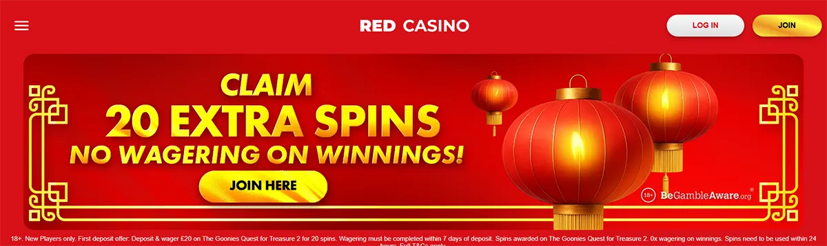 Red Casino promotional banner in a red-and-gold Chinese lantern theme advertising “Claim 20 Extra Spins” and “No wagering on winnings,” with a yellow “Join here” button, login/join buttons at the top, and a BeGambleAware notice.